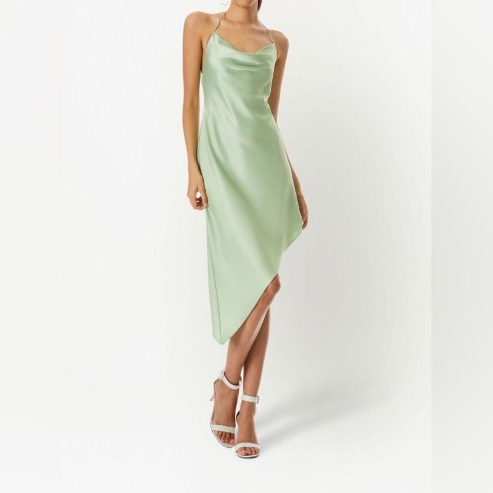 NEW Alice + Olivia Harmony Asymmetrical Deep Cowl Neck  Satin Slip Dress in Sage